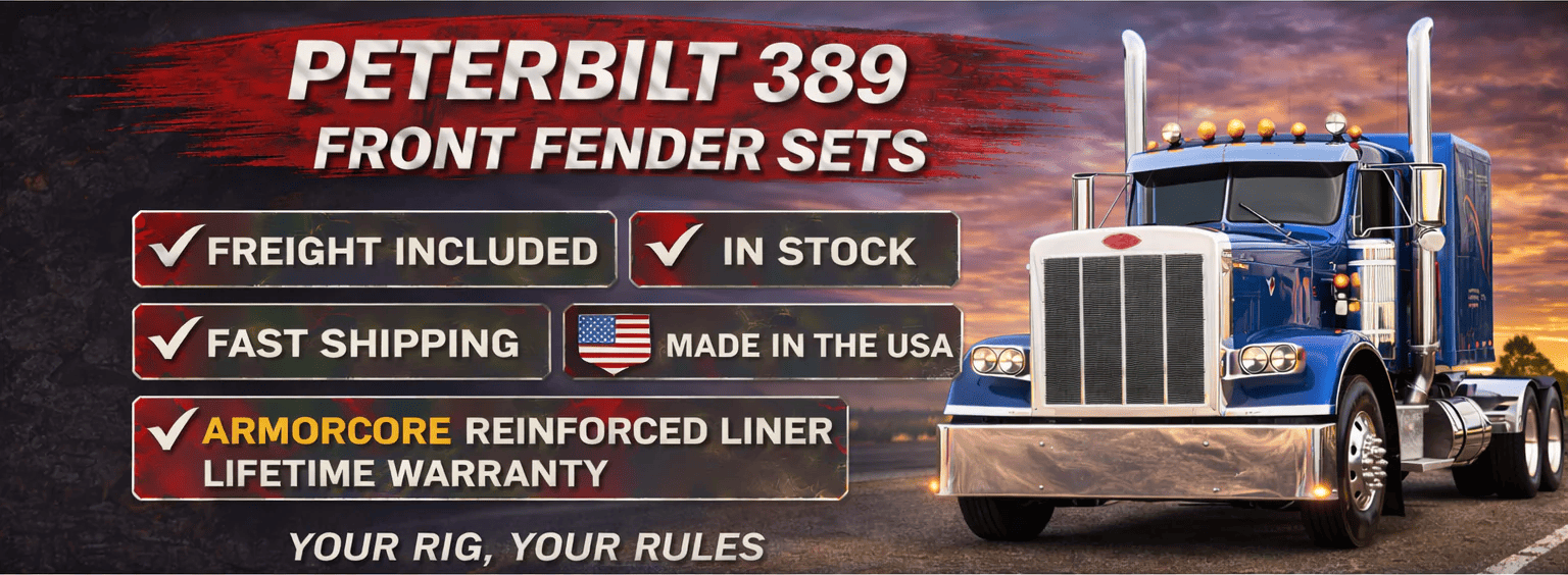 Peterbilt 389 fiberglass front fender sets with ArmorCore reinforced liner for long nose semi trucks
