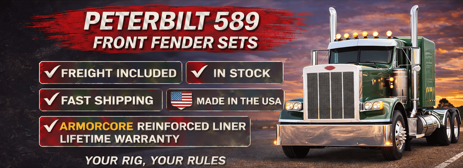 Peterbilt 589 fiberglass front fender sets designed for modern long nose trucks with ArmorCore reinforced liner