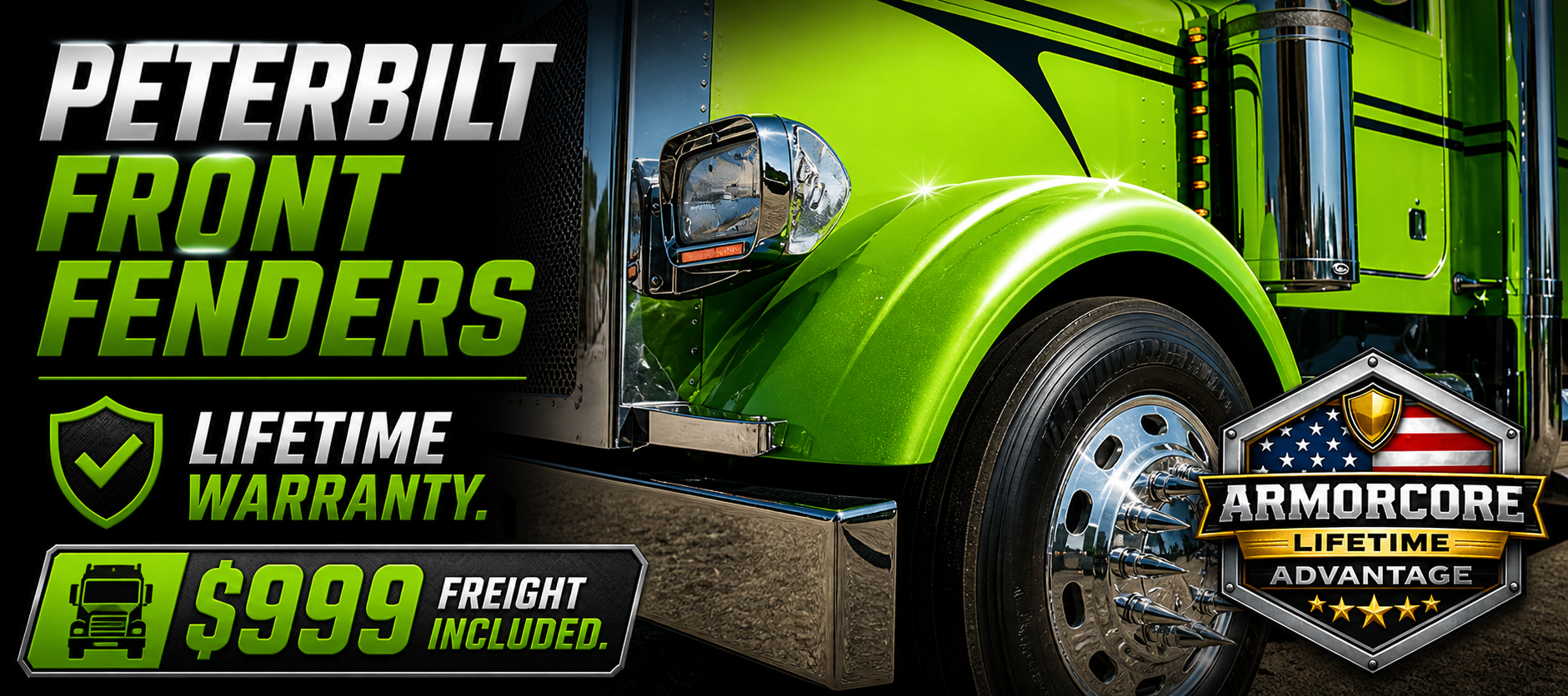 Peterbilt front fender sets — fits 359, 379, 388, 389, 589 — ArmorCore reinforced liner, made in the USA, lifetime warranty