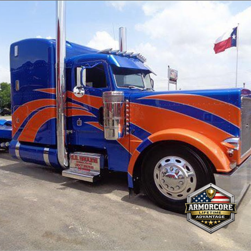 Peterbilt 379 medium side fiberglass front fenders installed on long hood truck