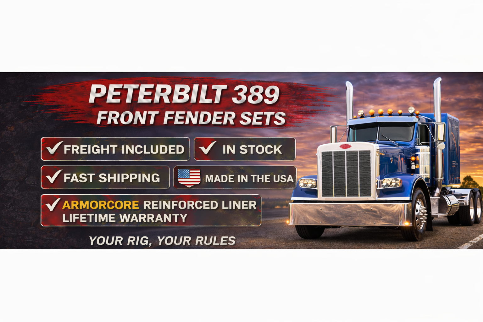 Peterbilt 389 fiberglass front fender sets with ArmorCore reinforced liner for long nose semi trucks