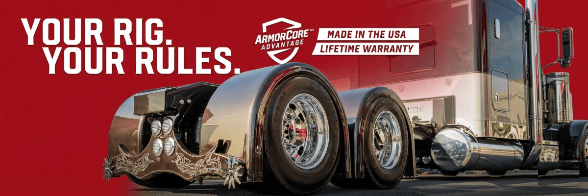 Custom semi truck with polished chrome wheels and fiberglass fenders, featuring “Your Rig. Your Rules.” branding and Made in USA lifetime warranty badge